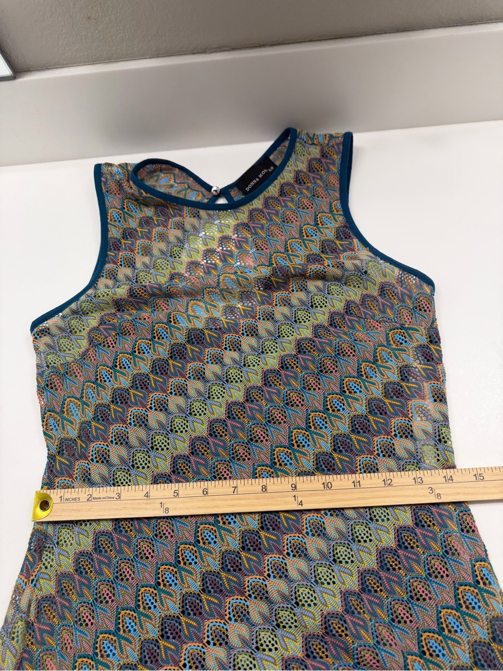 ✅ Donna Morgan Sleeveless Maxi Dress in Teal and Multicolor Wave Print size 4 - Picture 10 of 14